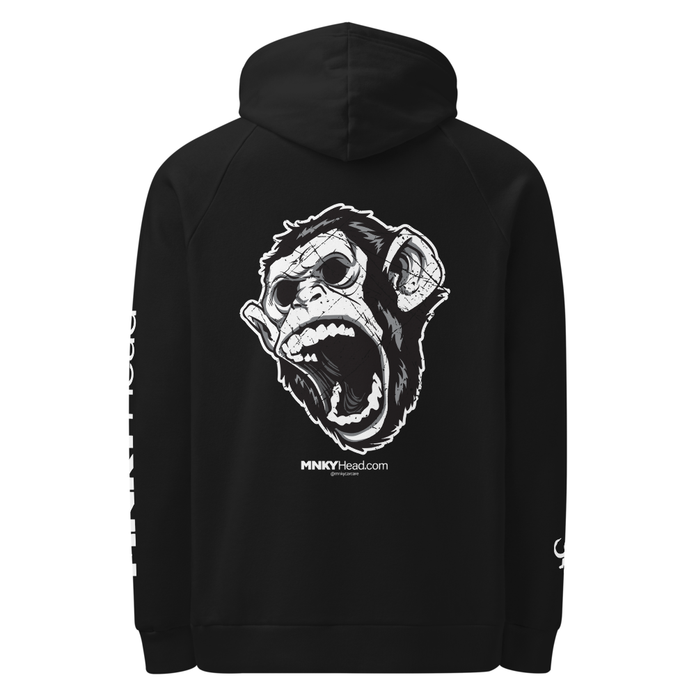 Black hoodie with a monkey graphic on the back against a white background